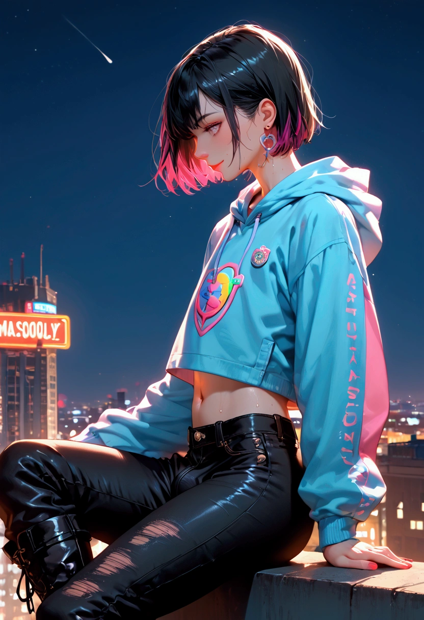 core_9, score_8_up, score_7_up, Portrait of a very beautiful boy,One person,,sit,profile,smile,Pastel colored hoodies,badge,navel,Denim hot pants,Absolute territory,Earrings,accessories,Black Hair,Inner color hair,Semi-long,Bob cut leather long boots,Night view,Rooftop,metropolis,Neon Signs,Unreal beauty,Captivating eyes,Thin chest, femboy, trap,,erection,Groin bulge, Sweating,Big Ass,,Beautiful Shadows,Best Quality, (Intricate details), Cinematic Light,Ray Tracing