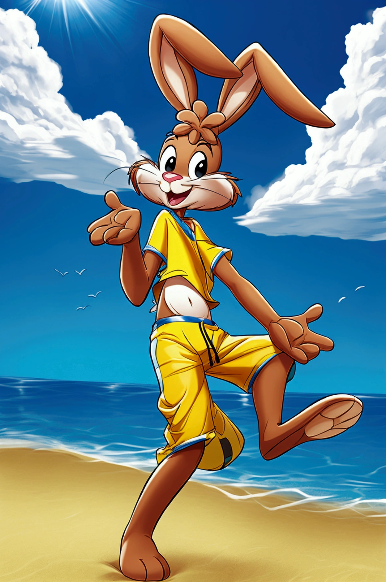 Full-length cartoon rabbit slender dressed only in blue lycra swimming trunks on the beach with a happy face without a T-shirt
