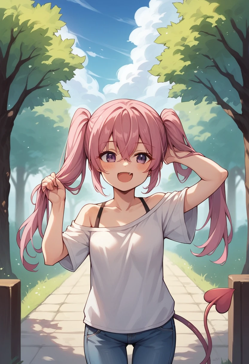 cute doodle, Bokeh, depth of field, bloom, ambient occlusion, Tyndall effect, dappled light, 1girl, solo, dark skin, sideboob, pink hair, very short hair, asymmetrical hair, low ponytail, hair over one eye, purple eyes, crying, boyish clothes, skirt suit, leggings, legs apart, raise both hands, heart hands, afternoon, front view, looking at viewer, warehouse(((little ,small tiny body,,chibi,small))),(((6 years old))),(((1 toddler:1.4))),(baby face),(round face),(little chest),(big forhead:1.2),(beautiful big eyes:1.3),extremely detailed cute anime face, (((flat chest))),((((long twin braids,tight braids,long braid,braided hair,long hime cut,lite hair,pink hair,colored inner hair)))),(((purple_eyes:1.3))