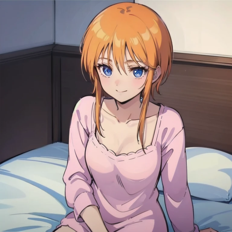 (masterpiece、Highest quality、High resolution、Perfect artwork、The perfect woman、1 Girl、solo)、
L People、Nightwear、
Short Hair、Orange Hair、Short hair, long locks、Side Lock、Hair between the eyes、blue eyes、
Cute anime girl、 smile、Sleep in bed