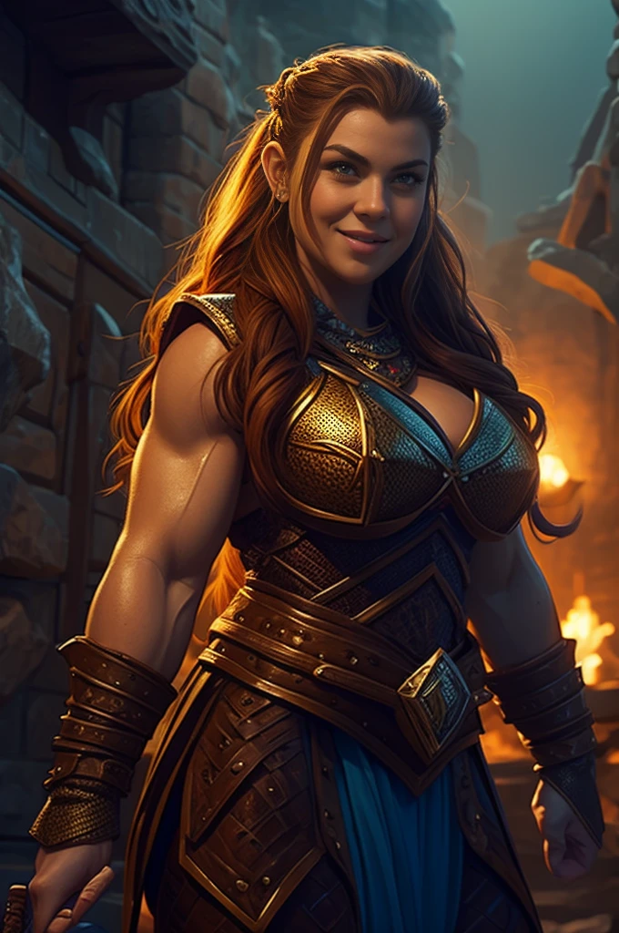 Ginger female dwarven adventurer, stocky, D&D character portrait, dramatic lighting, long braided hair, strong muscled arms, busty, naked, nude, hairy armpits, armpits