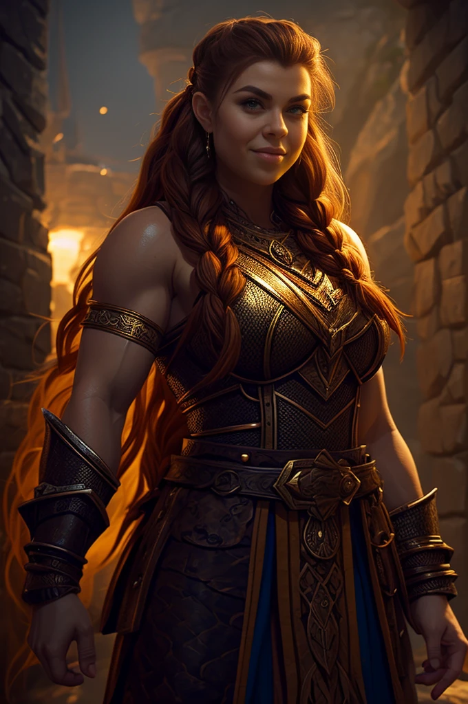 Ginger female dwarven adventurer, stocky, D&D character portrait, dramatic lighting, long braided hair, strong muscled arms, busty, naked, nude, hairy armpits, armpits