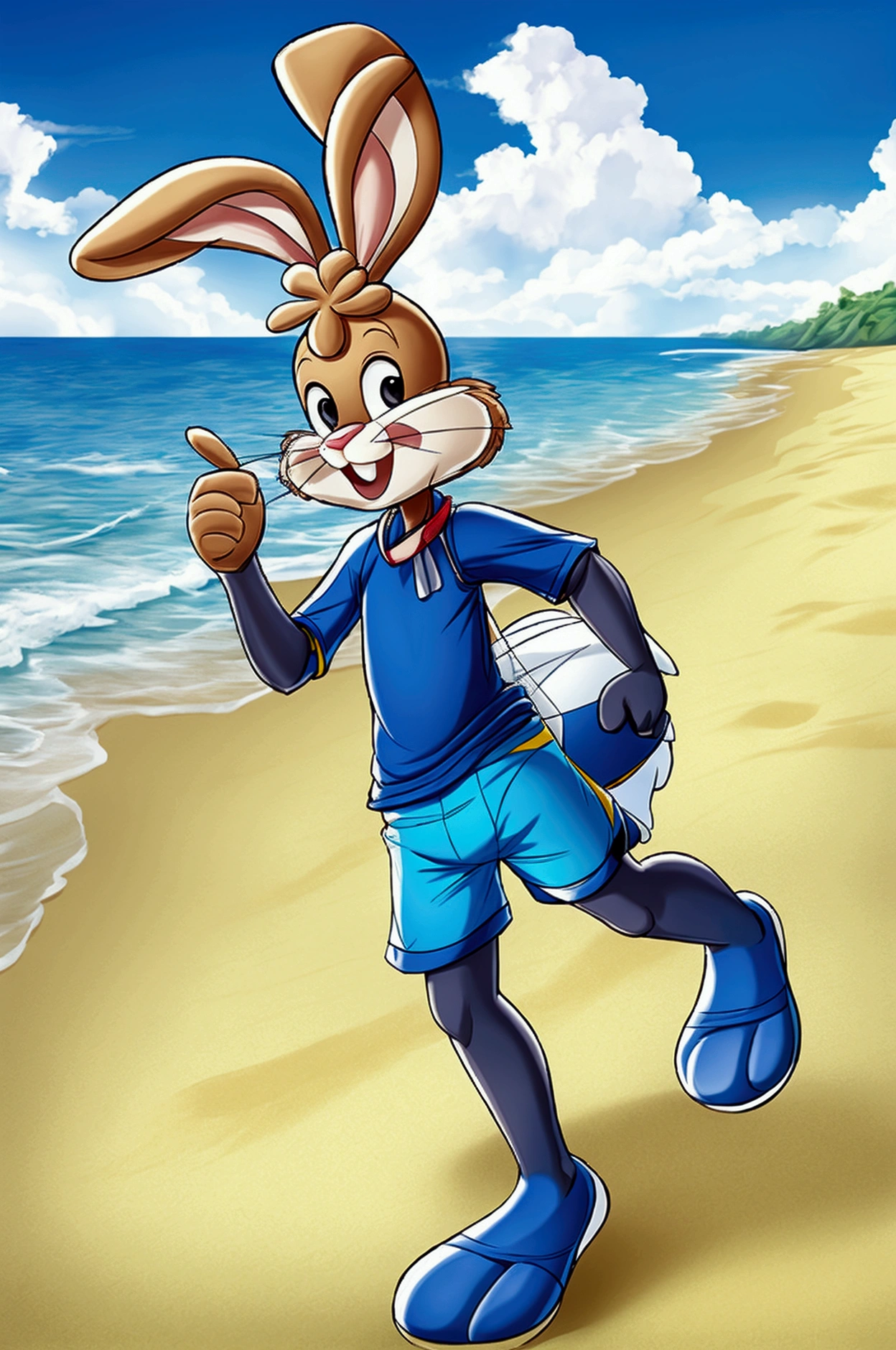 Full-length cartoon rabbit slender dressed only in blue lycra swimming trunks on the beach with a happy face