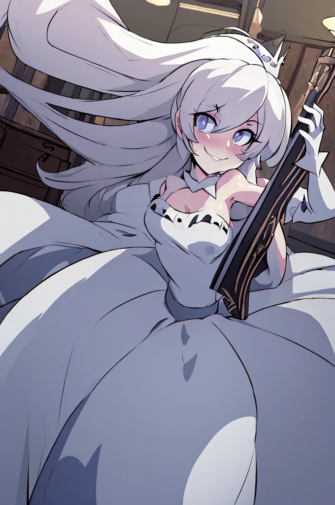 ((masterpiece,best quality)), absurdres, Boosette_Mario, 1girl, long hair, white hair, long white dress, ballroom dress, white gloves,  solo, smiling, blushing, looking at viewer, cowboy shot,  cinematic composition,