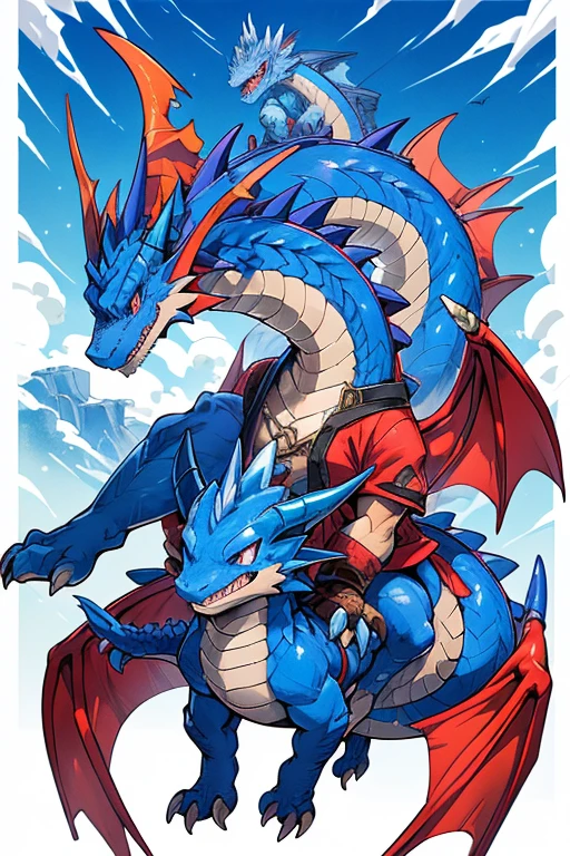 cartoon dragon with red wings flying in the air, an illustration of by Jason Teraoka, tumblr, sōsaku hanga, a cute little blue dragon, dra the dragon, guggimon, blue dragon, a baddass dragon, digimon key art, but as an anthropomorphic dragon, anthropomorphic dragon, blue scaled dragon