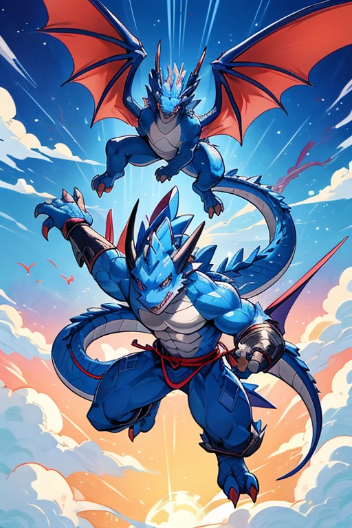 cartoon dragon with red wings flying in the air, an illustration of by Jason Teraoka, tumblr, sōsaku hanga, a cute little blue dragon, dra the dragon, guggimon, blue dragon, a baddass dragon, digimon key art, but as an anthropomorphic dragon, anthropomorphic dragon, blue scaled dragon