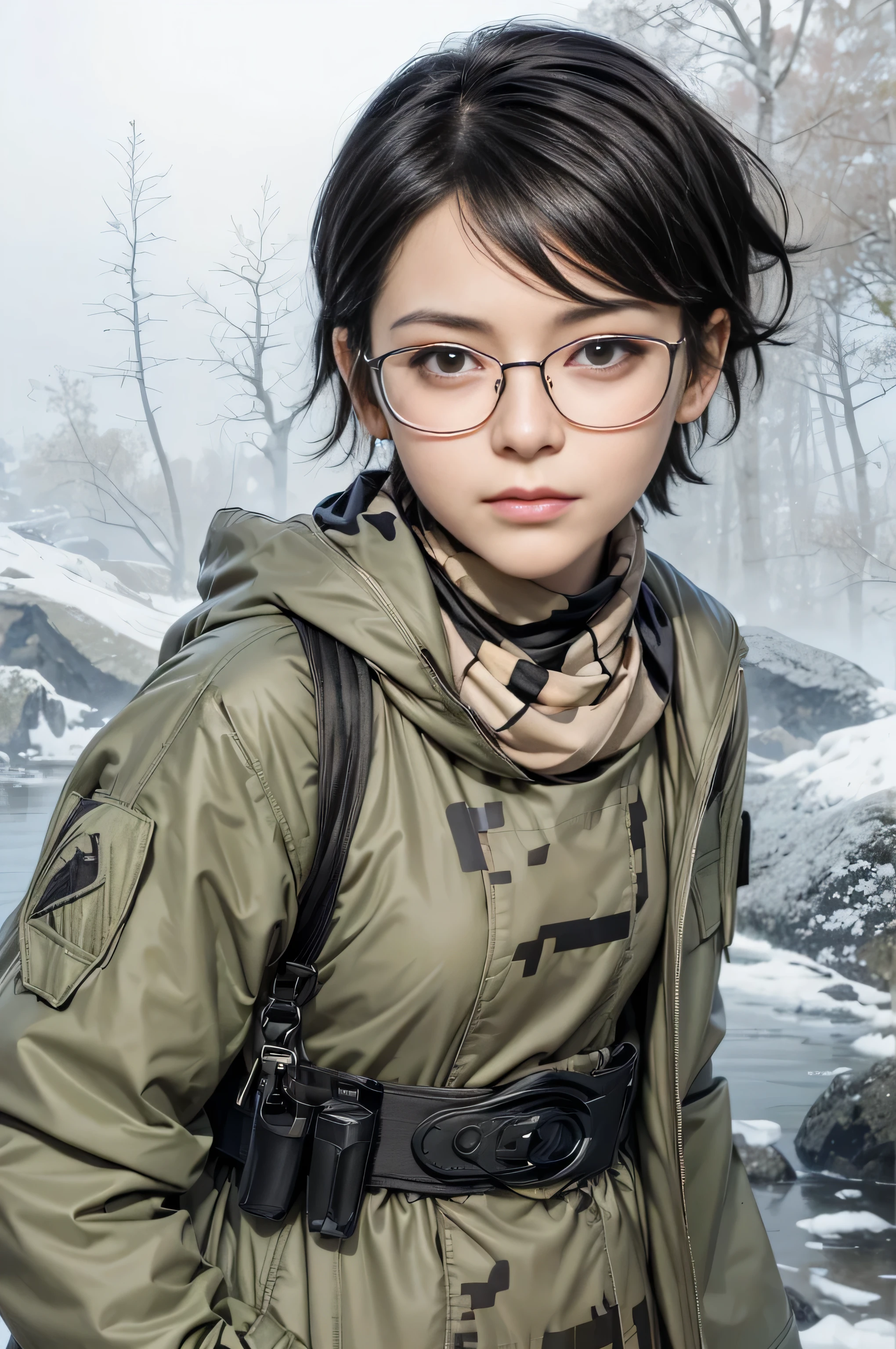 masterpiece, best quality, (realistic,photo-realistic:1.4), (RAW photo:1.2), extremely detailed CG unity 8k wallpaper, delicate and beautiful, amazing,finely detail, official art, absurdres, incredibly absurdres, huge filesize, ultra-detailed,extremely detailed eyes and face,light on face,sarada,(little smile:1.2),(black hair:1.4),(wearing tactical coat:1.5),(very short hair:1.4),nature,sarada uchiha ,(wearing black framed glasses:1.4),(nature background:1.4),(scarf:1.5),(amunition belt:1.4),grenade