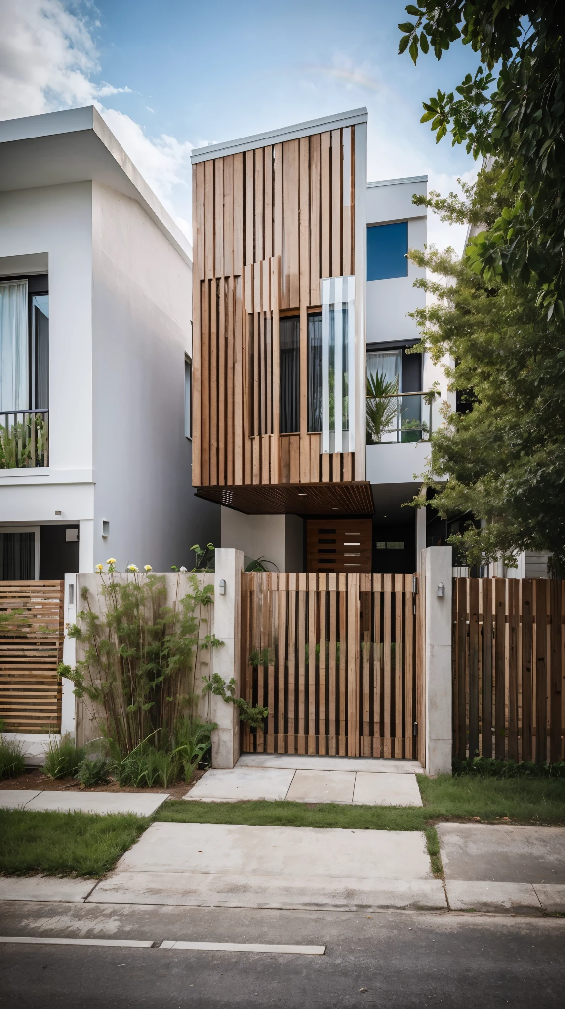 minimalist house, meadow, midday, rainbow flower plant, wooden wall color, house_architecture_Exterior_SDlife_Chiasedamm