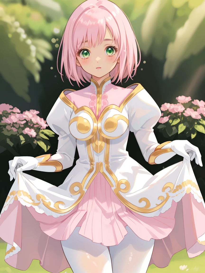 masterpiece, Highest quality, alone, One Girl,Estellise Sidos Heurassein, Pink Hair, short hair, Green Eyes, Small breasts, White and pink dress, Glamorous Dress, Pink collar, Pink Skirt, White boots, White gloves, (Black Pantyhose, Black legwear:1.1)whole body, Little:5, cute, (Beautifully detailed face), (Beautiful attention to detail), (Beautiful detailed hair), mini skirt, (skirt lifted by self:1.2), pov