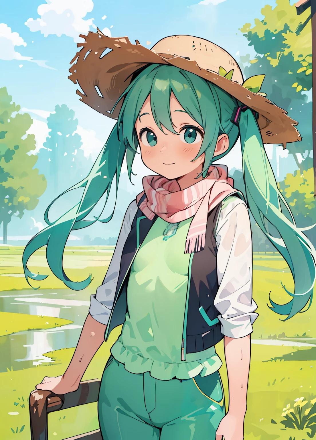 (masterpiece、Best Quality、Best Quality、Official Art、Beautiful and beautiful:1.2)、(One person:1.3)Hatsune Miku、Twin tails,Beautiful breasts,Beautiful woman portrait、On a muddy farm:1.2 , cowboy hat, Fringed vest , pants, scarf , confidence , Medium chest,