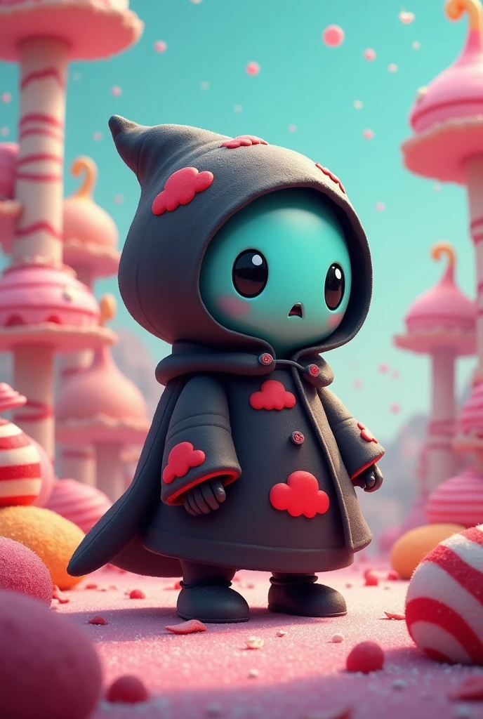 A cute friendly robot with a cartoon fantasy theme wearing a black hood with red clouds in a colorful candy landscape 