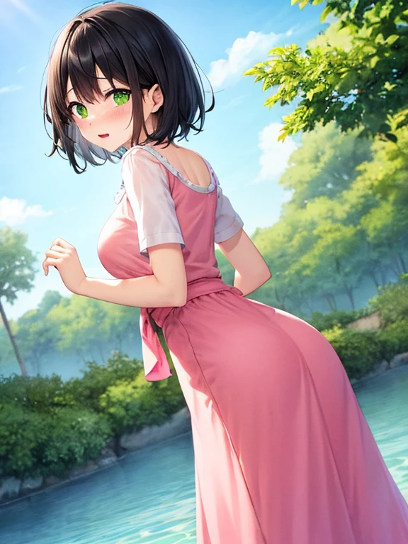 score_9_up, score_8_up, score_7_up, 1girl, solo, source_anime, hourglass figure, Big breasts, kemonomimi, bear ears, brown hair, short hair, messy_hair, blue eyes BREAK freckles, floral print sundress, green sundress, bare shoulders, strapless, high socks, green sneakers, smile, grin, from behind, looking back, outdoors, standing, flower garden, wooden fence, bush, blush, butt, pantyshot, purple panties, heart symbol