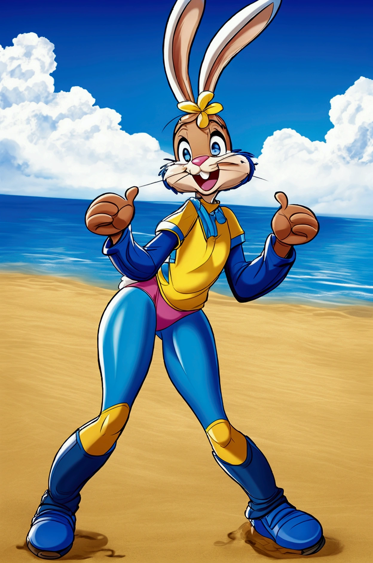 Full length cartoon rabbit slim dressed only in blue short lycra panties on the beach with a happy face