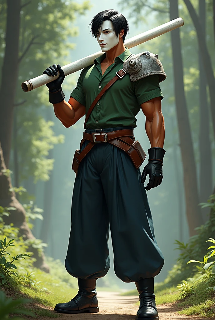 fit man, dark blue wide pants, Black boots, black gloves, green shirt, large leather belt, white mask with gentle expression, short black hair, cinnamon skin, metal shoulder. Concept art style, natural lighting, holding a white pipe