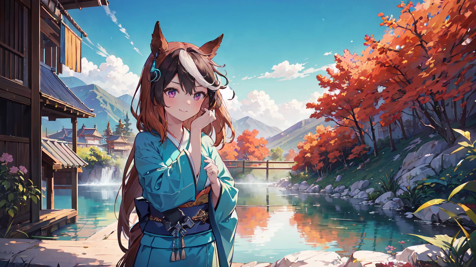 1girl,Alone,master piece,complete anatomy,Best Quality,16k,Intricate details,Turquoise Kimono,Horse ears,Red cheeks,smile,hot spring,((Photograph the whole body)),((Move from head to toe)),((Photograph from a distance)),A wide range of backgrounds,(((long shot))),((Character portrait)),(Landscape painting),Panorama