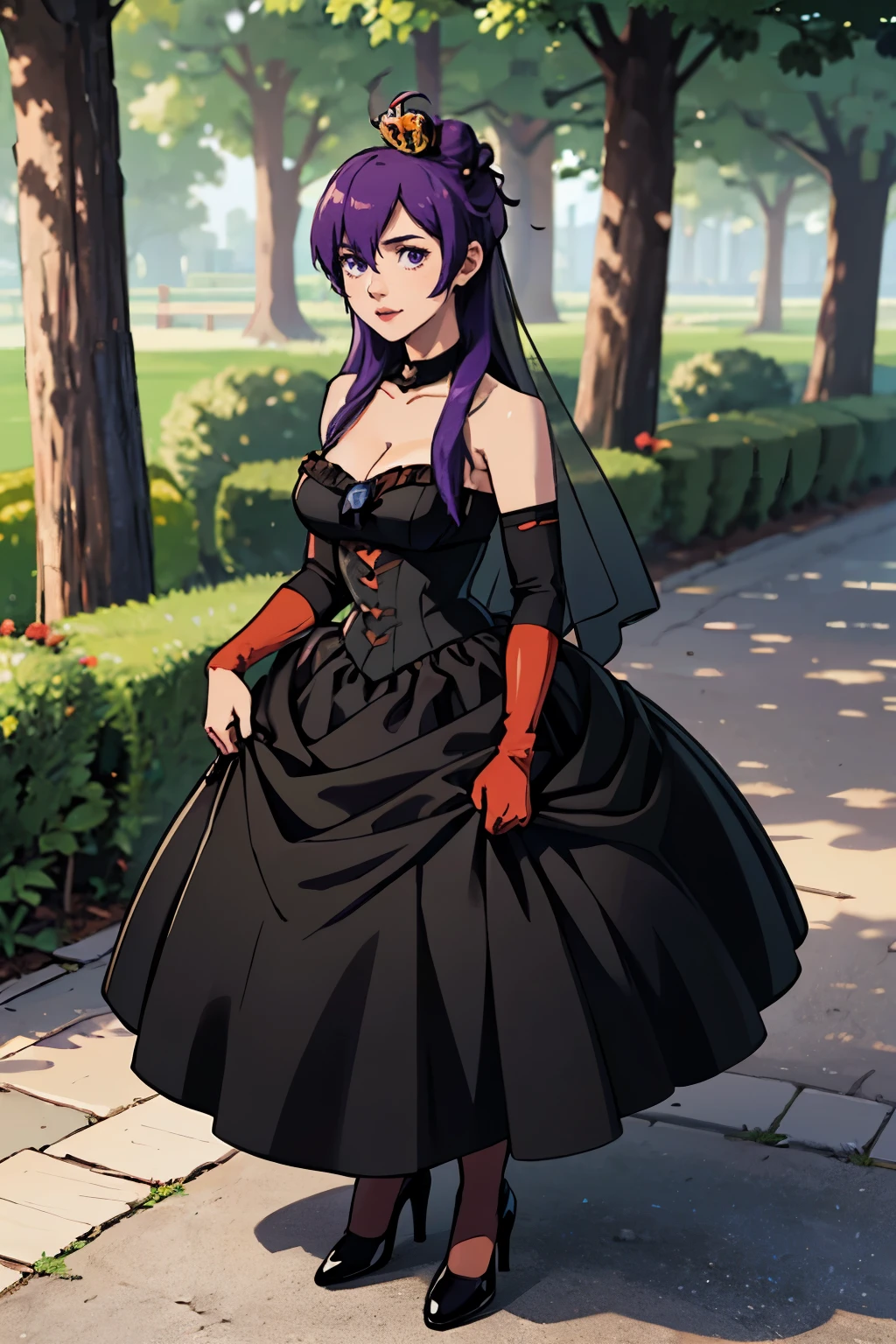 Shez FE, hair between eyes, ahoge, blonde hair, star \(symbol\), hair ornament, ruffled tulle dress, cleavage, bare shoulders, collarbone, long black elbow gloves, black gloves, black dress, black choker, strapless, princess crown, veil, strapless dress, princess dress, veil, beautiful woman, perfect body, perfect breasts, wearing a princess dress, ball gown, in the park trees, wedding decorations, a warm smile, realism, masterpiece, textured skin, super detail, high detail, high quality, best quality, 1080p, 16k, purple hair, princess crown, white petticoats underneath dress, full body, high heels