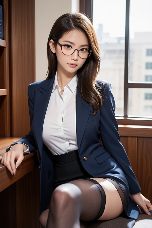 (masterpiece:1.2), (highest quality), (Looks like a whole body:1.3) ,(super detailed), (8k, Complex), (lens 135mm,f1.8), (realistic)(black background:1.3), portrait photography,(dynamic pose),side lighting,edge lights up,best shadow,Area light source,perfect anatomy,perfect face shape,perfect for women,finest female body,Improves skin texture,fine cloth pattern,precise beauty,delicate and delicate skin,highly detailed skin,pale skin,delicate hair,glowing skin,highest quality, Realistic, 8k, khd, 1 girl, perverted woman, (Looks like a whole body:1.3), School,Slut, blazer jacket, tight mini skirt、open chest, uniform,visible nipples, without pants, The skirt is pulled up boldly, (legs open), bend your knees and open your legs, (long straight hair, brown hair), A buttoned-up shirt flaps、glasses, looking at camera、looking at the camera、smile、Female dog