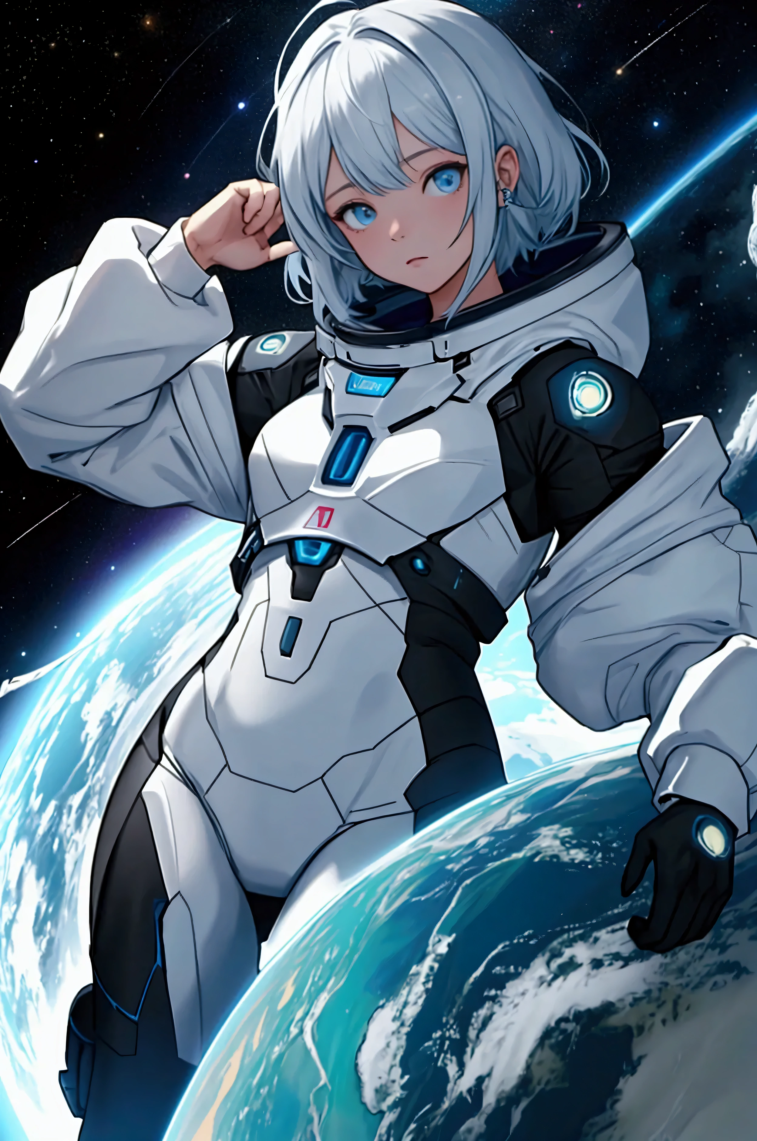 ((Masterpiece)), ((Best Quality)), ((Best Quality)), (Illustration of One Boy), Full Body, ((Bishonen)), (Man's Daughter), (Neutral), (((Silver Hair Bob Cut)), Hair Band, Green Eyes, (((Brown Skin)), (Toned Body), Abs, ((White Pilot Suit)), ((Inside the Spaceship)), (Outside the Window, Space, Earth from Space, Spaceport)