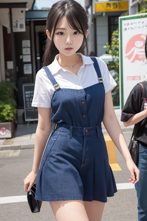 8K, masterpiece, ultra HD, intricate detailed, highly detailed, high contrast, RAW photo, best quality, A beautiful girl, 18 years, wearing school uniform consisting of a white short-sleeved shirt tucked into a azure blue pinafore mini dress. The dress has wide straps and reaches just above the knees, Sitting on outdoor cafe shop, comfortable black sofa, front view, bare legs, open your legs, Blured background, depth of field, Slim body, slender legs, slim muscular body, small breast, shoulder length hair, wavy hair, light brown color hair