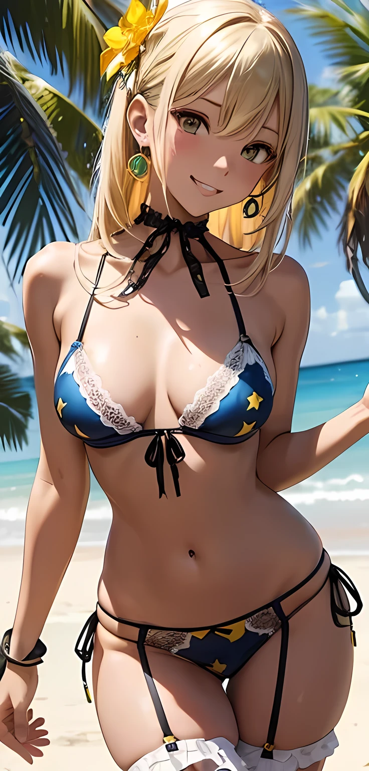 Masterpiece Ultra High Resolution、Best Quality、Erotic pose、At the beach in midsummer、Yellow-green hair、Updo:1.2, Yellow Eyes, Tanned dark skin、Oily skin、Smiling shyly and tilting her head、Large gemstone earrings and choker:1.5,Facing forward、Standing with legs apart、Small breasts、The body is very slim、skinny、Super tight waist、Thin thighs、Cowboy Shot、Yellow and black African print ruffle bikini、White lace skirt style bikini、Ribbon Garter Belt:1.6、Light blue lace gloves