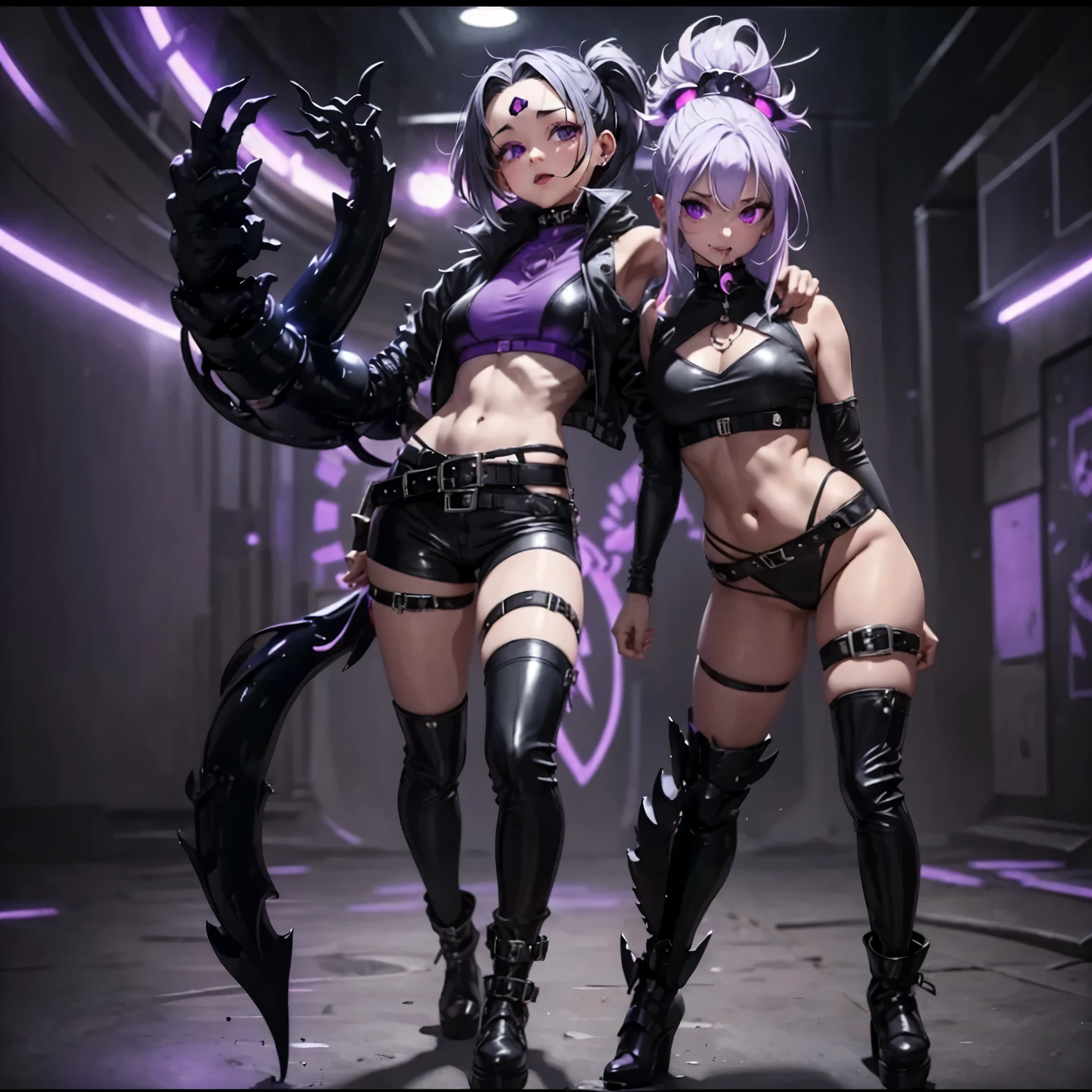 Girl with a tail. Fashion in rock style. It's a belly button. Gray hair. Large belts. Silver buckle. Black tail. Black long boots. active pose. Purple light background. Smog.