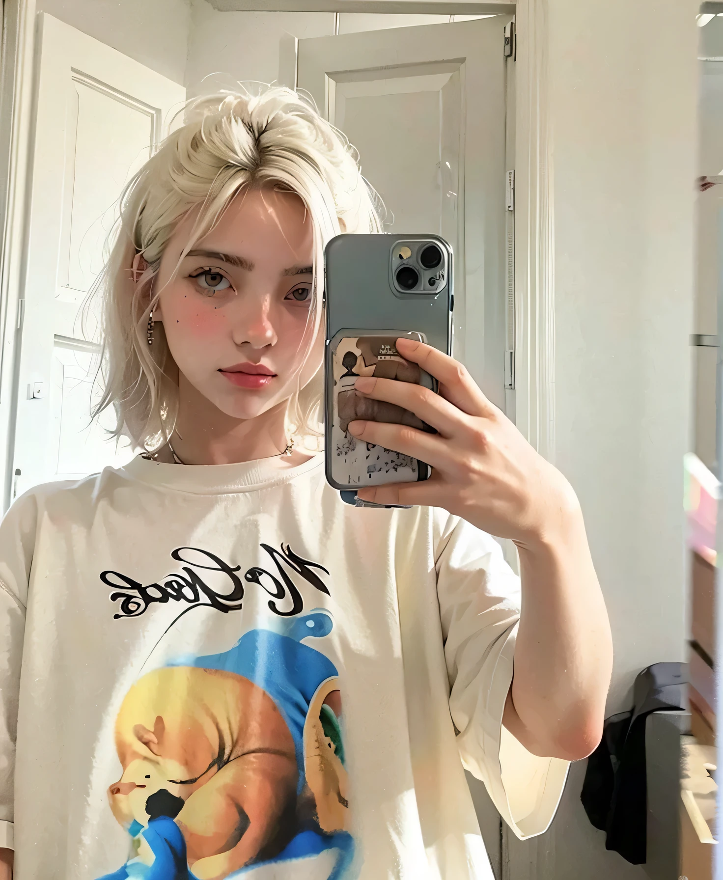 absurdres, RAW photo, highest quality, (masterpiece: 1.3), high detail RAW color photo, professional photo, extremely detailed CG 8k wallpaper unit, photo-realistic, realistic, RAW photo, masterpiece, best quality, highres,
1girl, 19 YEARS OLD, white, blonde hair, wavy, Average length, unkempt hair, ponytail, beautiful body, perfect gorgeous face, beautiful light brown realistic eyes, fair skin, detailed skin texture, very small natural breasts. Serious. Guy who just woke up. Sitting on a toilet peeing. Selfie angle. (Sleeping T-shirt, simple design). A small, common bathroom.