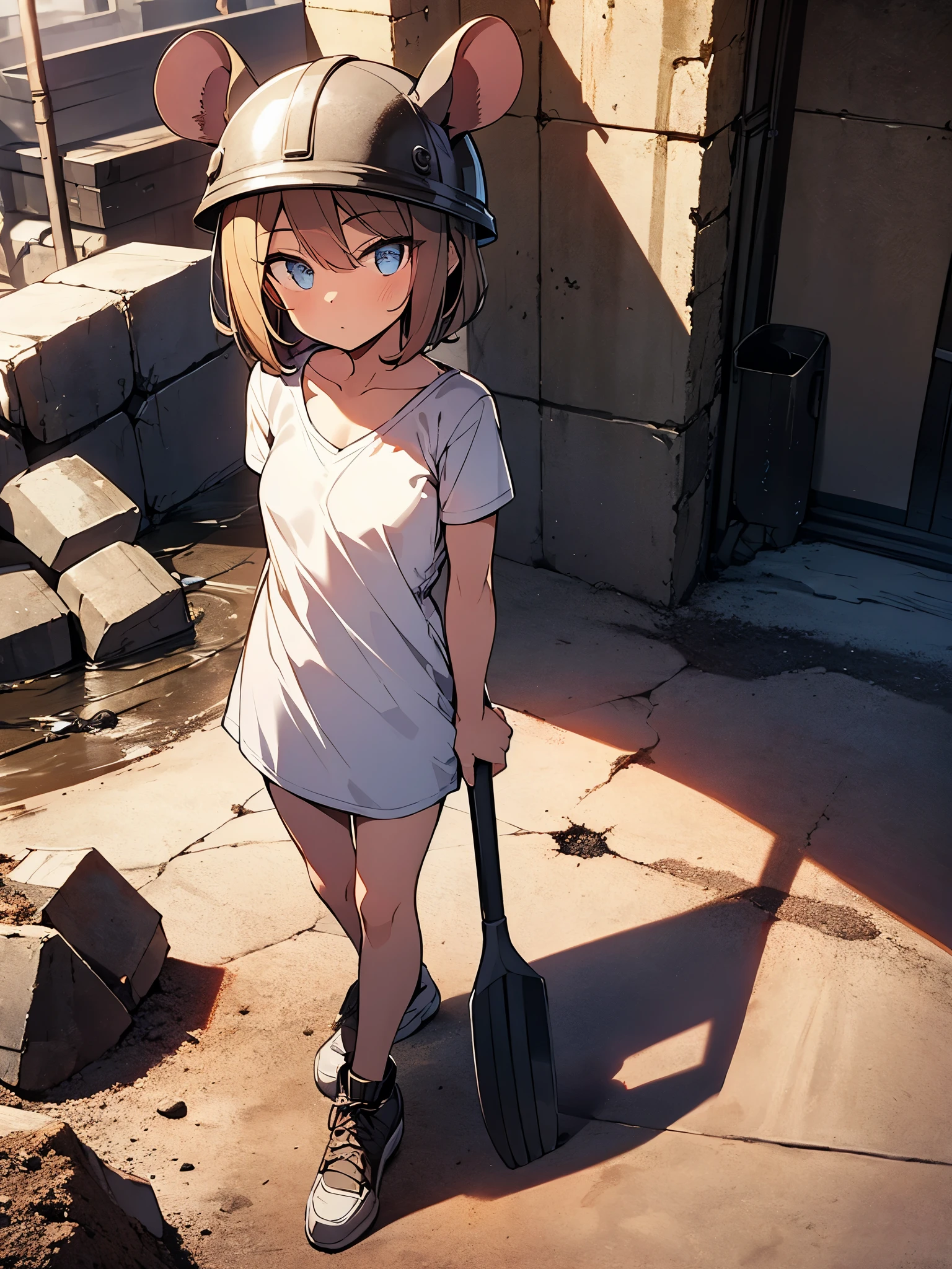 masterpiece, Best Quality, Perfect Face, Highest Resolution, Best Quality,Detailed depiction of the eyes, 8k, RimWorld, ratkin, 1 girl, young, small, Slender body, Big mouse ears, mining, Miner, Coal mine, shovel, helmet