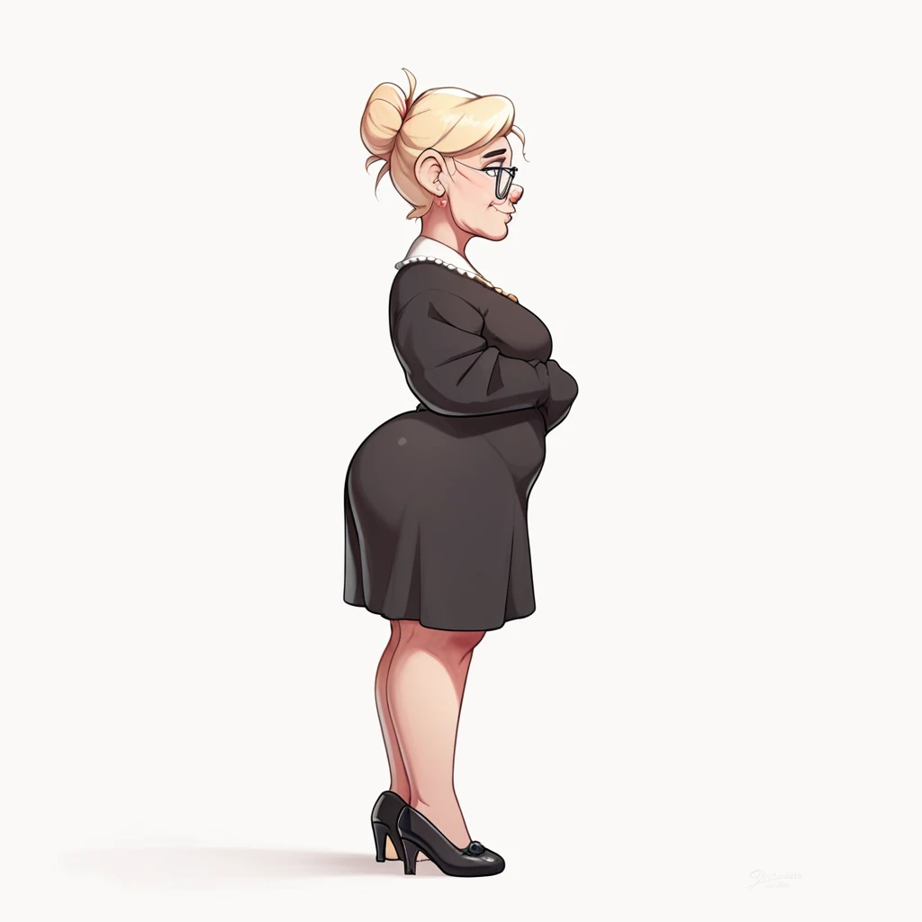 1girl, solo, church granny, 60 years old, face wrinkles ,graying blonde hair, bob hairstyle, standing, church lady, glasses, white blouse, black cardigan, long black skirt, thick ass, thick thighs, black footwear, ballet flats shoes, plain white background, side view