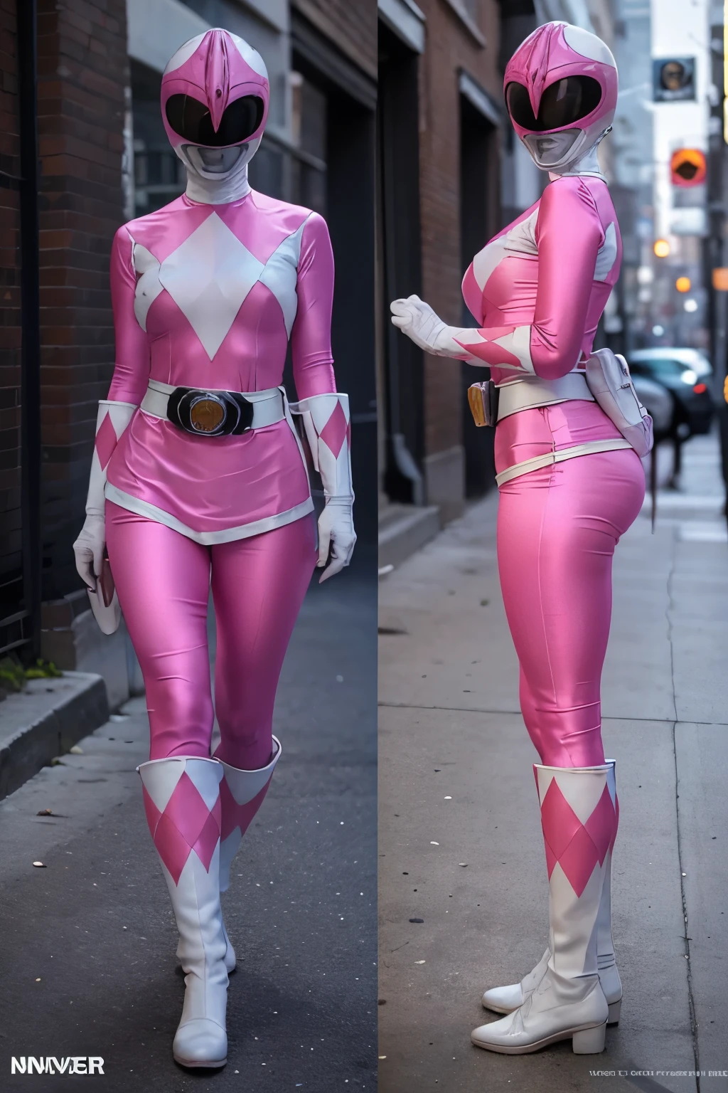 1 girl, PinkRanger, (Riding belt:1), gloves, Bodysuits,Realistic, shiny satin vivid pink and white suit,パワーレンジャーBodysuits,A female model,Wearing tight combat gear and holding weapons,under huge breasts,side view,(very slender body),mouse less,Full body Shot,No hair,vivid color,