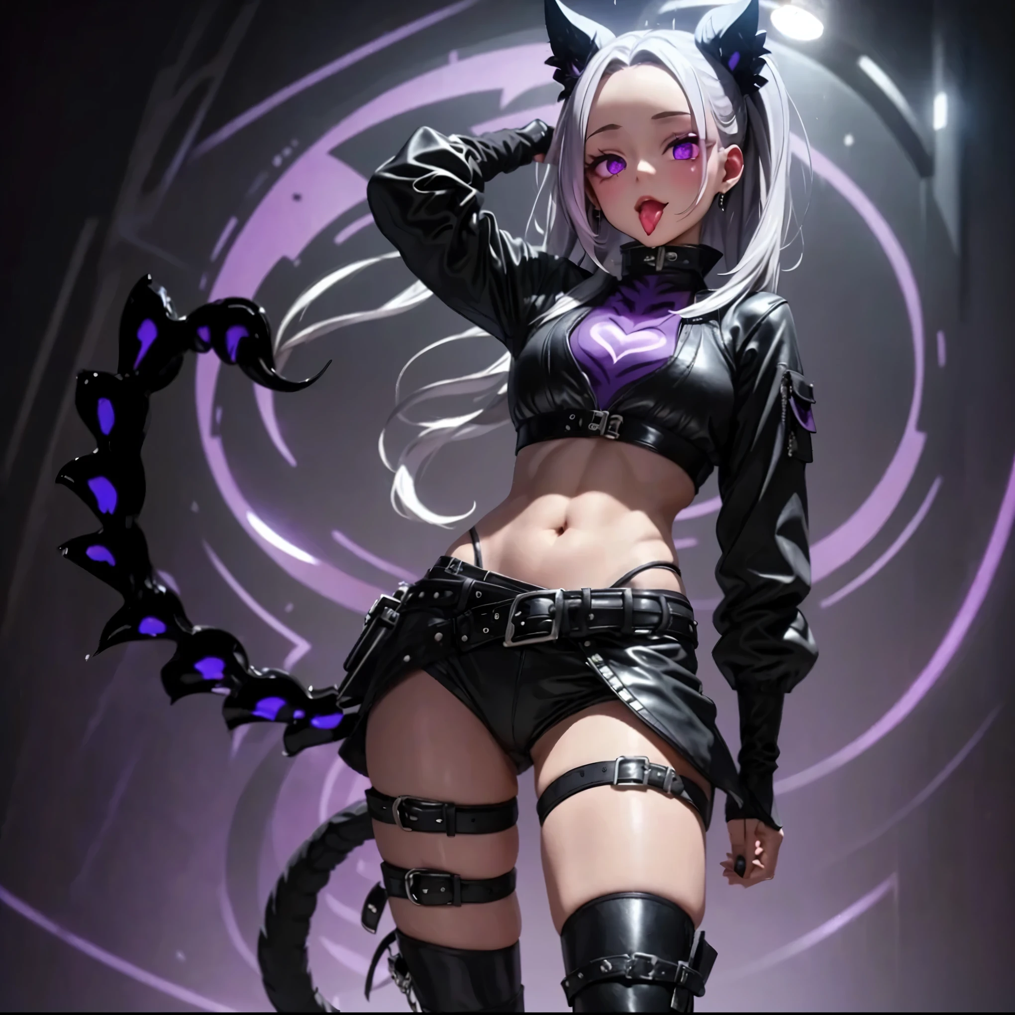 Girl with a tail. Fashion in rock style. It's a belly button. Gray hair. Large belts. Silver buckle. Black tail. Black long boots. active pose. Purple light background. Smog.
