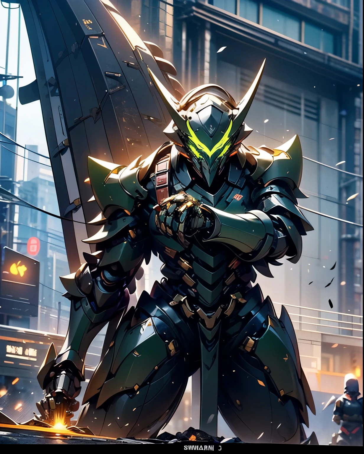 a person holding a sword in a city, concept art by Yang J, trending on Artstation, fantasy art, from arknights, glowing green soul blade, style of raymond swanland, anime concept hdr anime macmanus, trending on artstation:3, death knight, genji, arknights, reaper from overwatch, king of time reaper, (Dragon Guard ARM, GLOVES), (white, BLACK), (MECHA CYBER SHINY ARMORED SUIT, A PAIR MECHANICAL ARMOR:1.4)
