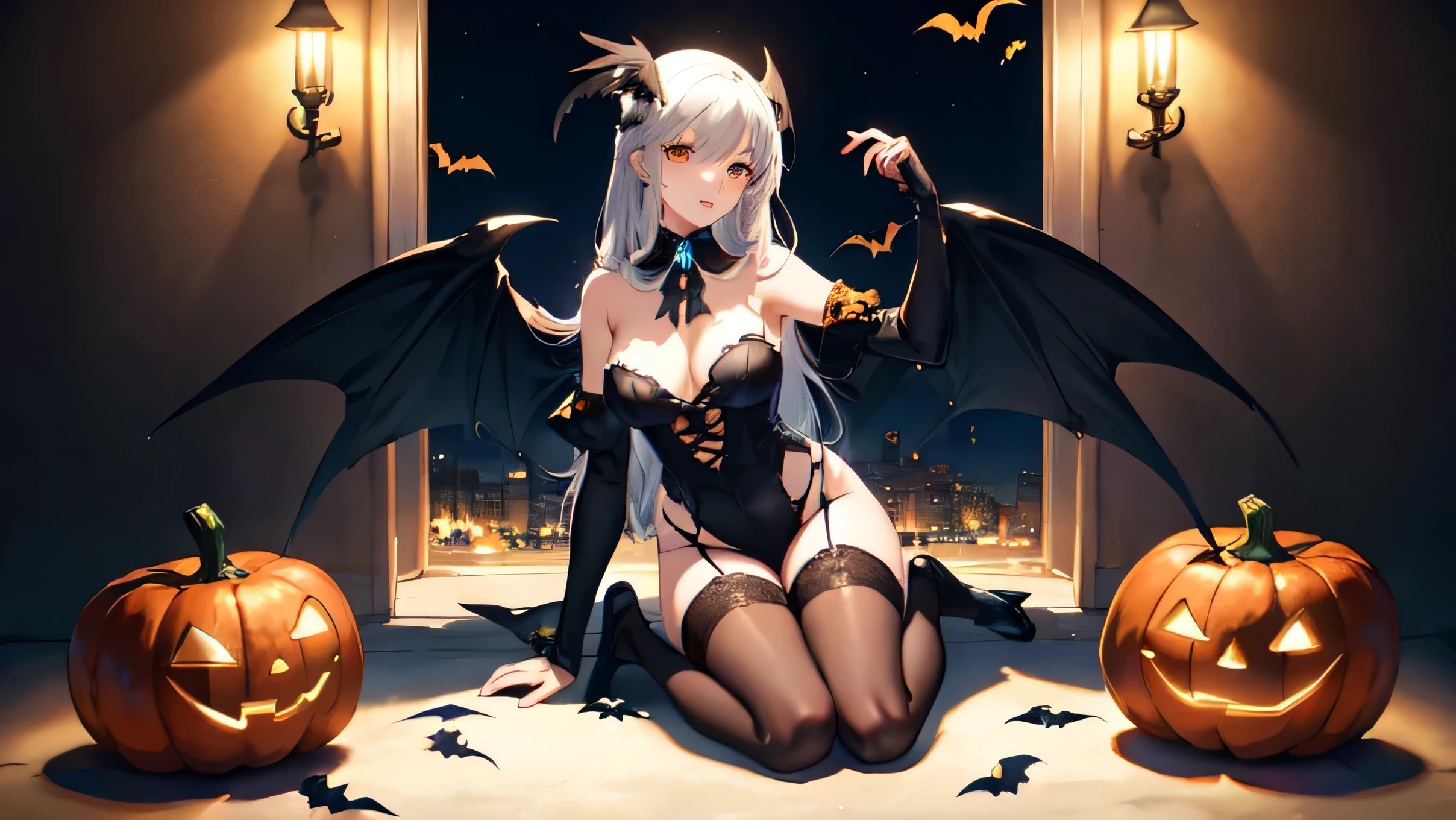full body shot shot,portrait,solo person,a beauty girl,Hair over the shoulder,succubi,Happy,pointy ears,goat horn,high-heels,Put your hand to your mouth,Crossed waist with one hand,Whitish skin tone,Bow collar,比基尼,grin,Magic pupil,a garter belt,The demons,The demons翅膀,Bat wings growing on the back,Crop topping,Sexy dressing,underwear