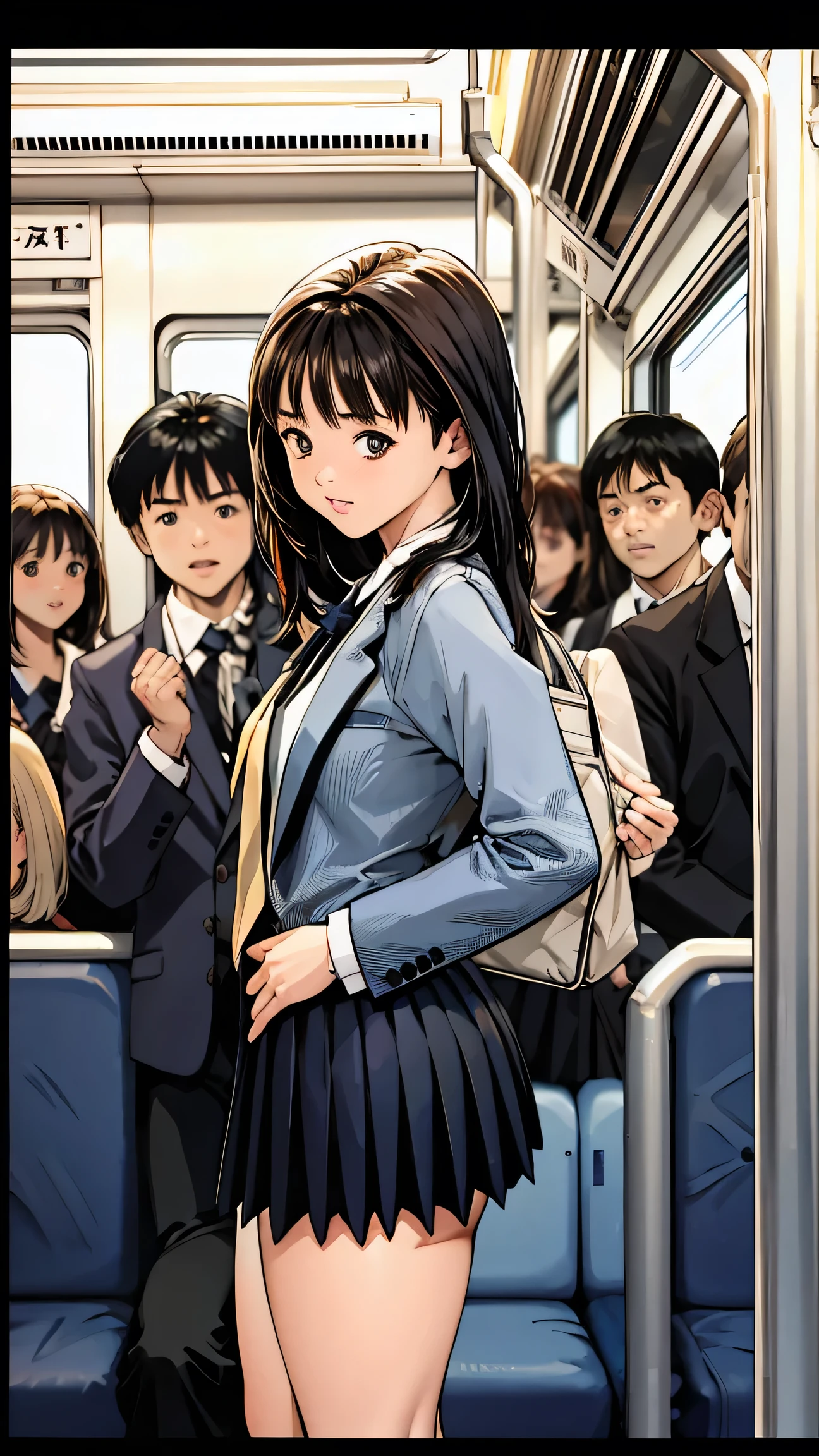 Viewer discretion advised, Crowded train, Japan ,Touched by many men,Standing,School blazer,Short skirt,Anatomically correct hand structure