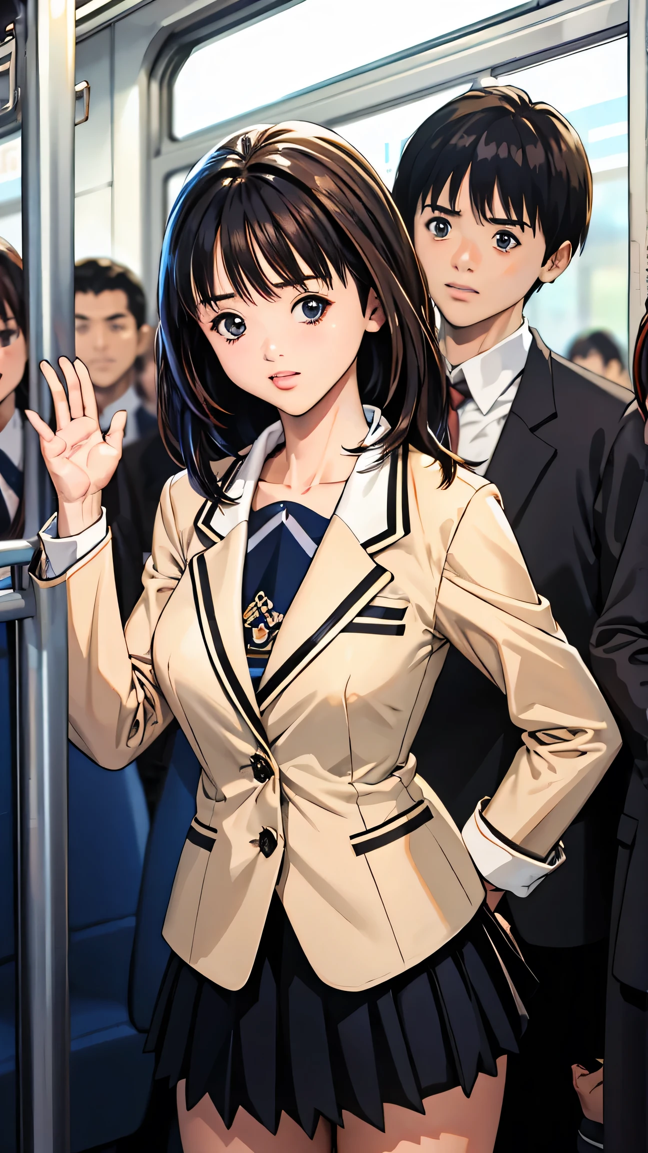 Viewer discretion advised, Crowded train, Japan ,Touched by many men,Standing,School blazer,Short skirt,Anatomically correct hand structure