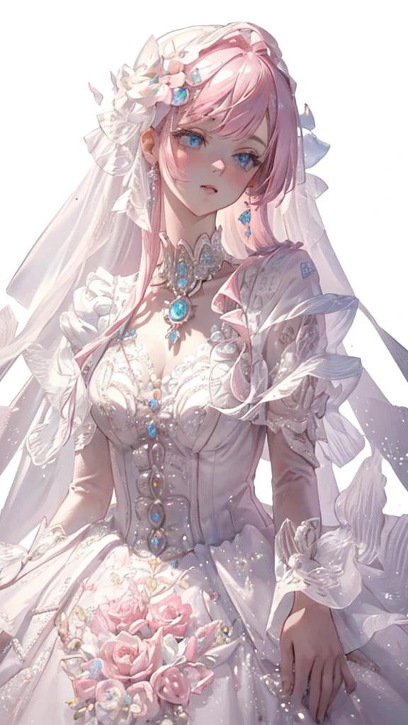 Super delicate cute girl in a Lolita dress with pink hair. 8K Ultra High Definition, Delicate texture, Pure white background.