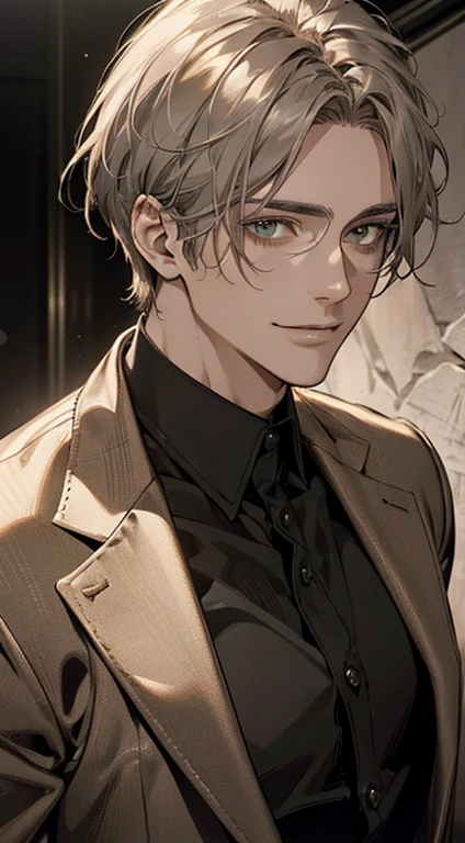 ((a mature man, very handsome, smile in love, short grey golden hair, green eyes, perfect face without errors)), ((buttoning the jacket, CEO)), (best quality, masterpiece, 8K, photorealistic, cinematic lighting, hdr image, ultra detailed, beautiful image), (portrait, detailed facial features, intricate textures, realistic skin tones, highly detailed, ultra-realistic), (warm lighting, soft shadows, dramatic lighting), (muted color palette, rich tones), (professional photography, high resolution, studio lighting)