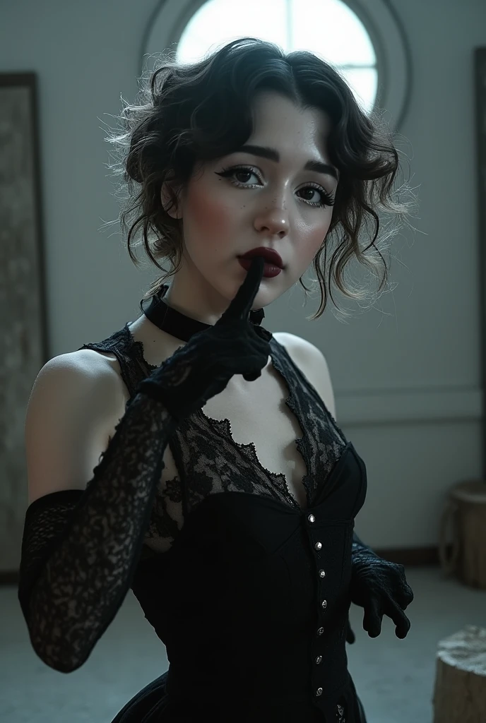 under pale moonlight insane detail, insane cinematic morbid of a goth , her lace gloves black with patterns, caressing her lips tracing along her face, biting her bleak curls beckoning to flow cascading her touch is soft delicate and elegantly sensual
