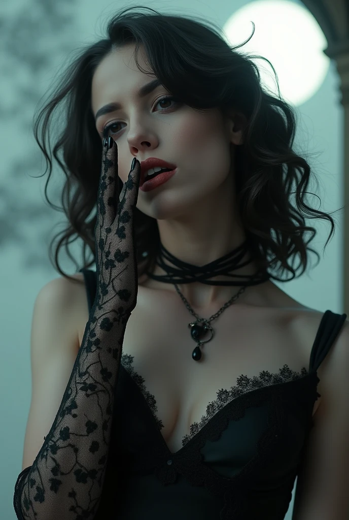 under pale moonlight insane detail, insane cinematic morbid of a goth , her lace gloves black with patterns, caressing her lips tracing along her face, biting her bleak curls beckoning to flow cascading her touch is soft delicate and elegantly sensual
