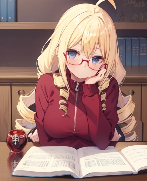 Cola bottle_Glasses,  woman,, View your viewers, Long Hair, Ahoge, blonde, Drill Hair, blue eyes, Slanted Eyes, ぐるぐるGlasses, Maroon zippered sportswear, Cartoon manuscript on the table, noble&#39;Inside the room、, Upper Body、A room full of Japanese anime posters, Speedy Shot, Top quality masterpiece, detailed, ultra detailed, hyper detailed, insanely detailed, Exquisite, Beautiful Full HD, 16k, cute, Fantasy, A vibrant academic community, Soft line design, Soft Surface, Simple line drawing, Front View, The best light, Fast shutter speed, Written Boundary Depth, Highly saturated colors, Vibrant colors, Bright colors, Dreamy watercolor painting, Best Hand