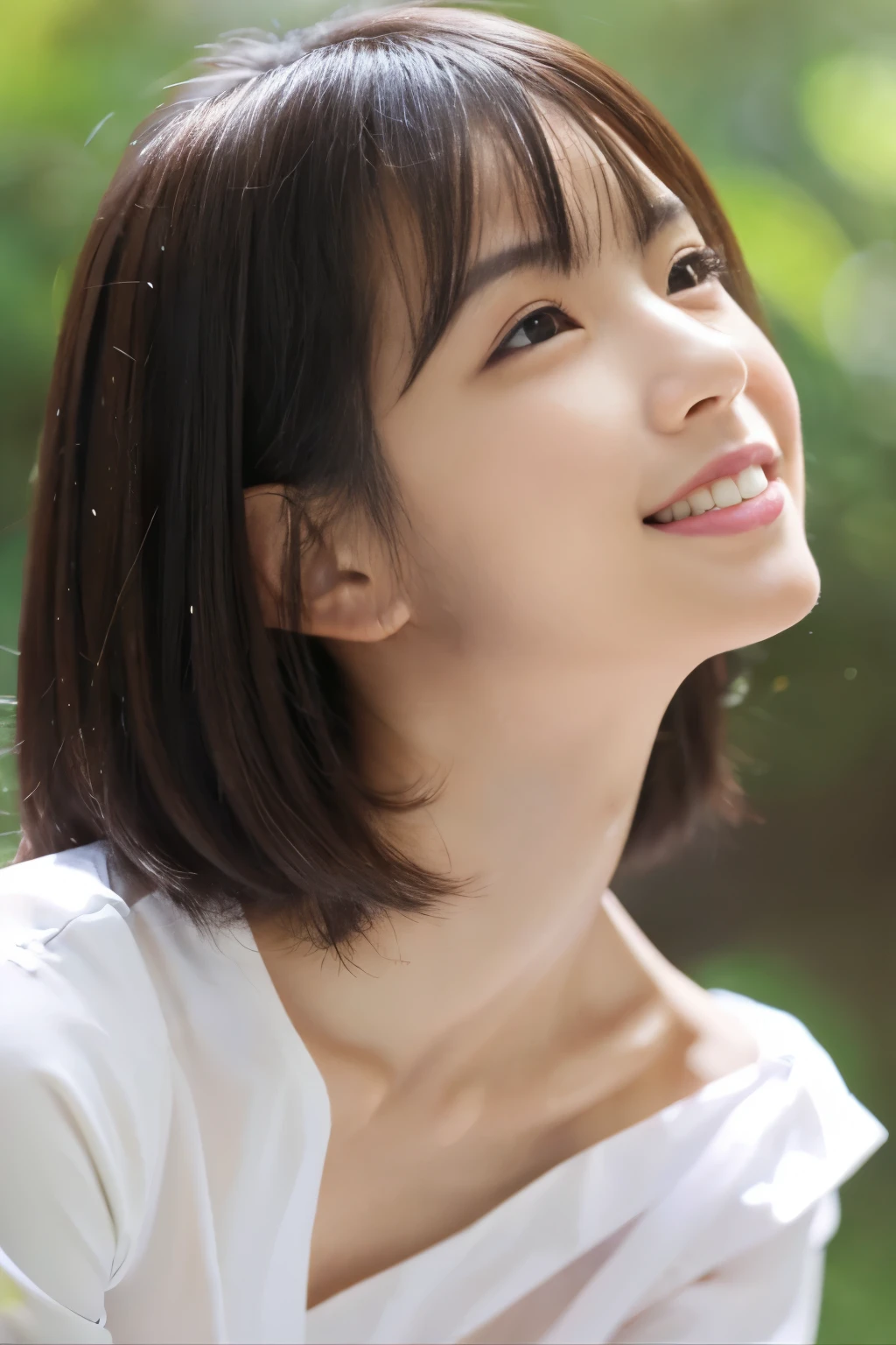 (Realistic:1.4), (surreal:1.4), (Smooth lighting:1.05), 1 Girl, Mouth closed, Laugh a little, Pure beauty, 22 years ago, Soft lighting, Backlight, (High quality realistic skin texture), Narrow eyes, Very detailedな顔, Glowing Skin, retina, Anatomically correct, Acura, Very detailed, Rough skin, high quality, Advanced Details, 最high quality, High resolution,Morning forest with clear water flowing through it, Short hair swaying in the wind, bangs, blouse