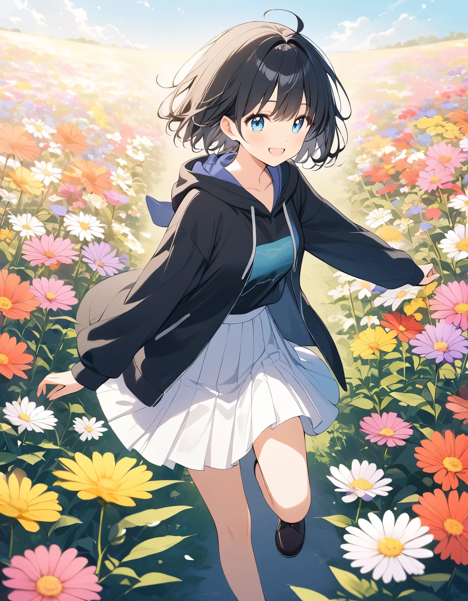 Black Hair、Short Hair、Black hoodie、White Skirt、Colorful flower field、Open your arms、Teary-eyed、smile、Keep waiting