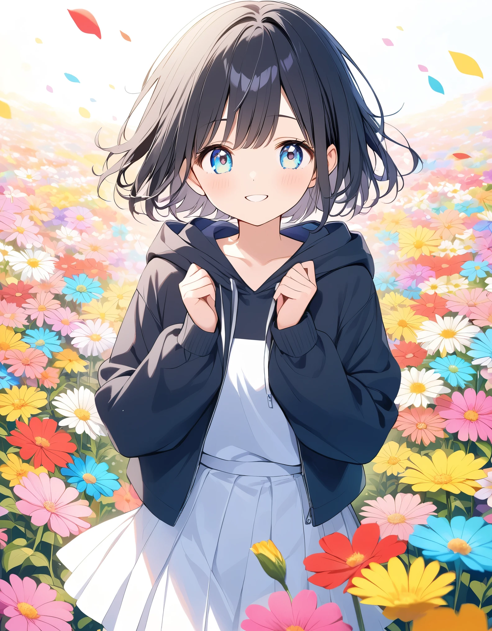 Black Hair、Short Hair、Black hoodie、White Skirt、Colorful flower field、Open your arms、Teary-eyed、smile、Keep waiting