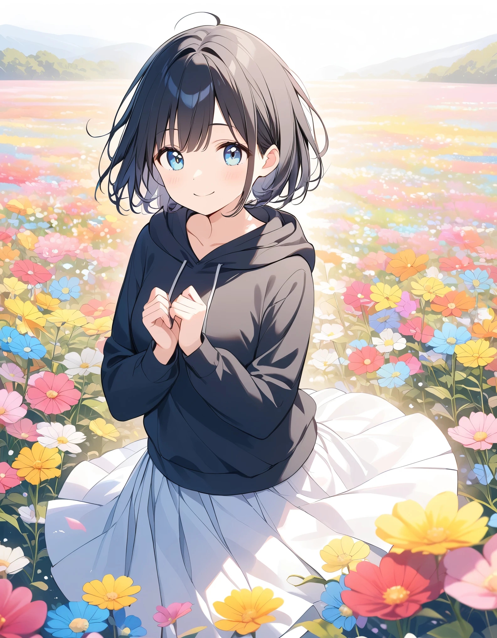 girl　Alone、pastel、Black Hair、Short Hair、Black hoodie、White Skirt、In a colorful flower field１The Road of Books、Open your arms、Teary-eyed、smile、Keep waiting