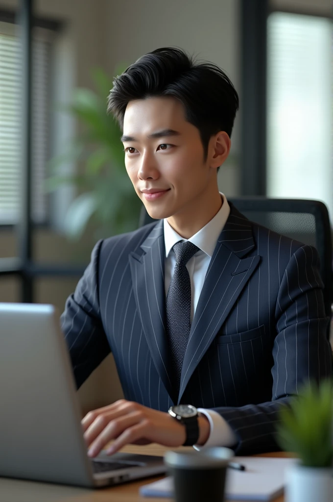 There is a man sitting at his desk using a laptop, A laptop is placed on his lap, South Korean male, sitting in front of the computer, Handsome man, sitting in front of the computer, markiplier, in front of a computer, Sitting at your desk, handsome chad chin, working on a laptop at a desk, Handsome male, handsome and attractive,Beautiful view from the window
