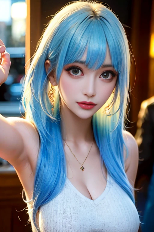 (((cute,Voluptuous body))),BREAK(((Light blue background)))),break((((Beautiful light blue hair,Long Hair)))),BREAK(((Light blue lace lingerie,Luxury Lingerie,Gold embellished lingerie))),BREAK(((Cute smile)))break(Seductive lips:1.3,Lips parted,Bright red lips),break((Upper Body:1.3,Angle from the front:1.3)),break((Beautiful breasts,Saggy boobs)),break,([close your eyes:(I narrowed my eyes.:1.2):11]),breakvery delicate and beautiful art,Beautiful woman portrait,Soft Light,Lens Glow,Soft Clean Focus,Realistic lighting and shading