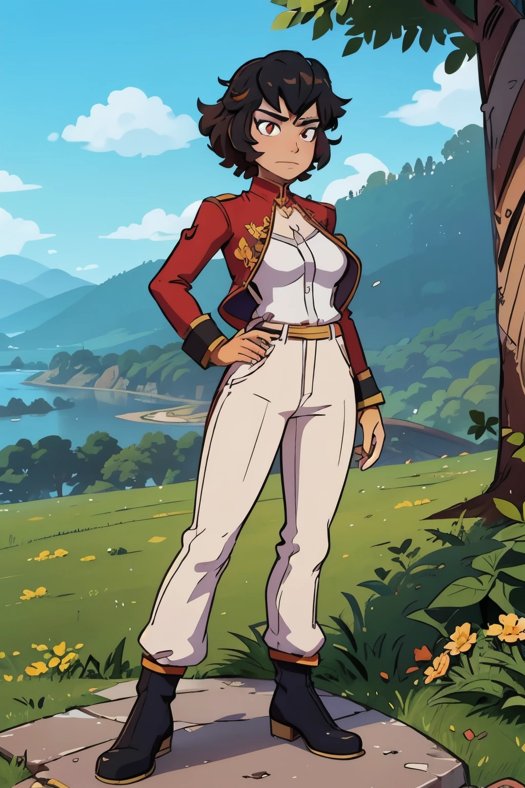 (Highest resolution, distinct_image) Excellent, masterpiece, high detail, semi-realistic, Dishonored 2, a very beautiful woman, solo, normal handsome stance, short red hair, golden eyes, indifferent expression, 1, young, tall and strong , white and red military uniform, trousers, military pants, military boots, military uniform, military school, confident, serious, high-cold and proud, standing on a cliff, overlooking