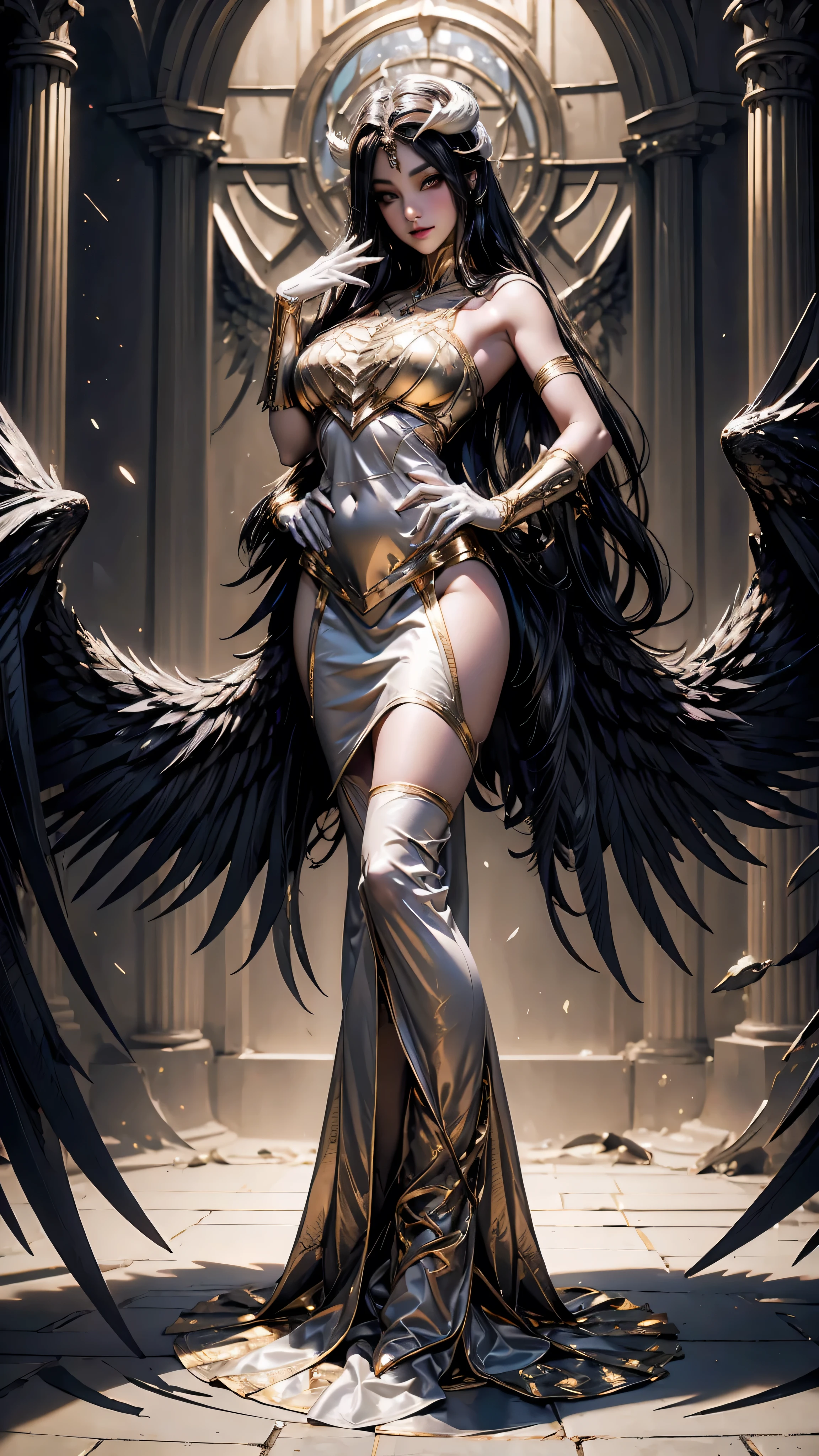 A high resolution & sharpness, Sharp focus, Pixiv masterpiece, ((Intricate details)), Highly detailed, milf, Black wings, Gold-white dress, White horns, Albedo_Overlord(beautiful face, detailed eyes), beautiful Black hair, (Low wing,:1.1), full body, fantasy background, gold dust, gold sparks, gold particles, ((free arms)), (full body),(long distance pose)