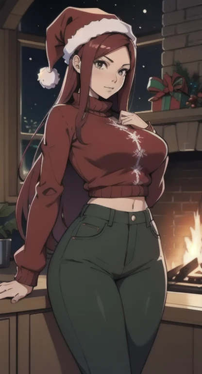 By bebebebebe, by lostgoose, by goonie-san, female, ((canine, snout, hair covering eyes, straight hair, medium hair, flat hair, ears, thin snout)), brown fur, big poofy tail, raised tail, dark maroon hair, (muscular, big breasts), solo, smiling, happy, (((ugly christmas sweater))), no pants, no underwear, bottomless, vagina