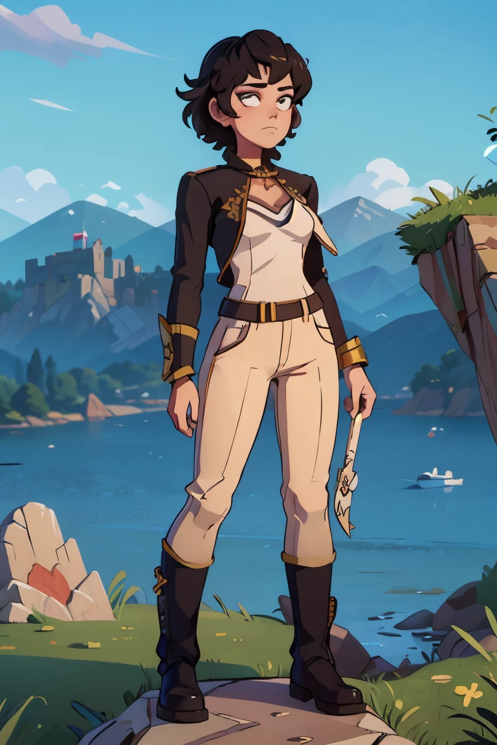 (Highest resolution, distinct_image) Excellent, masterpiece, high detail, semi-realistic, Dishonored 2, a very beautiful woman, solo, normal handsome stance, short red hair, golden eyes, indifferent expression, 1, young, tall and strong , white and red military uniform, trousers, military pants, military boots, military uniform, military school, confident, serious, high-cold and proud, standing on a cliff, overlooking