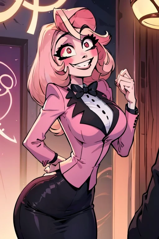 perfect face. Perfect Hand. A pink haired woman with violet eyes and an hourglass figure, dressed in a suit, smiles in a gothic office with a big smile